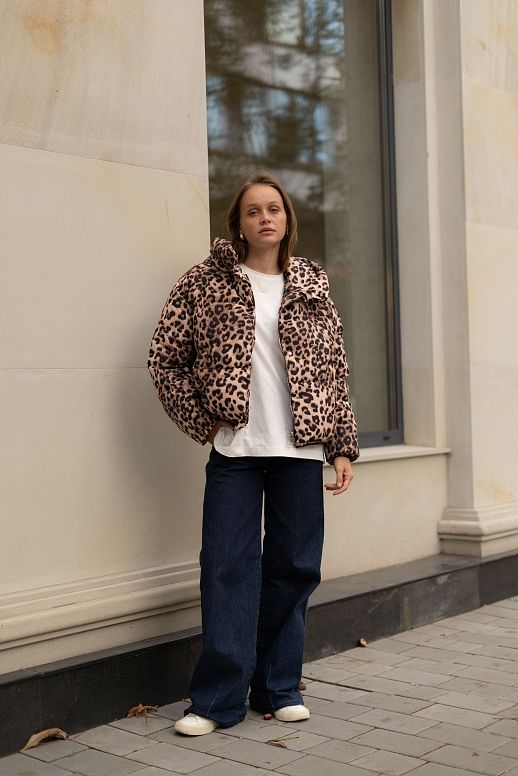 Пуховик принт з капюшоном леопардовий