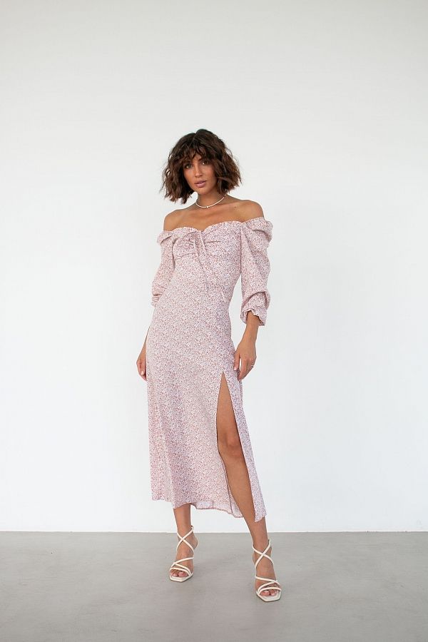 Сукня міді з роспіркою довгий рукав бежева D0521ДР/6 № 1