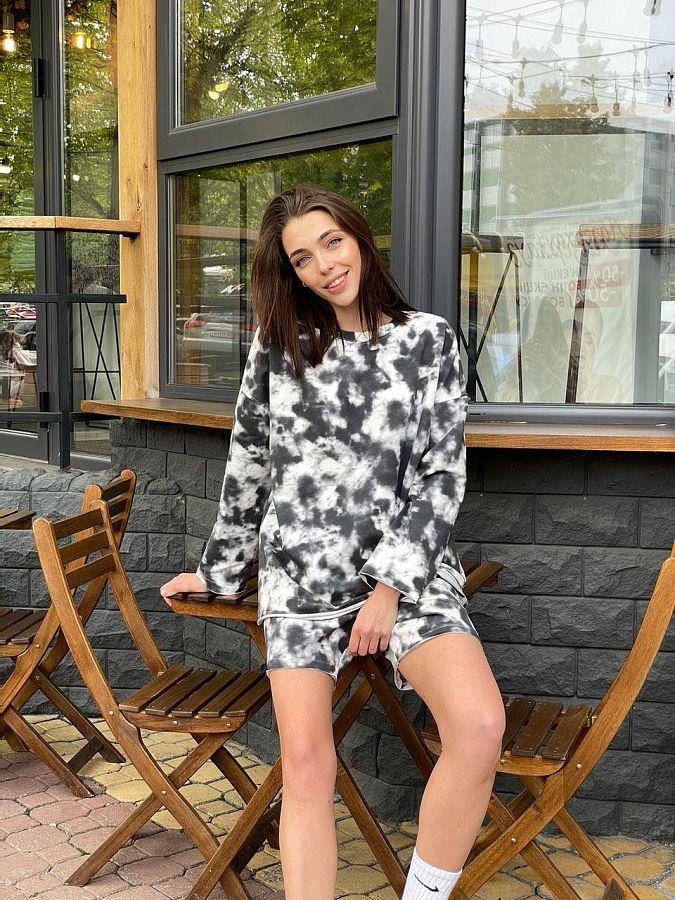 Костюм спортивний лонгслів з шортами чорний тай-дай MBKC002 #RU# Костюм спортивный лонгслив с шортами черный тай-дай MBKC002 № 1