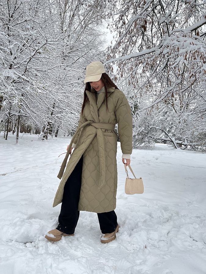 Куртка стьобана довга з поясом візерунок хвилька оливкова МБПЩ001/4 #RU# Куртка стеганая длинная с поясом узор волна оливковая МБПЩ001/4 № 3