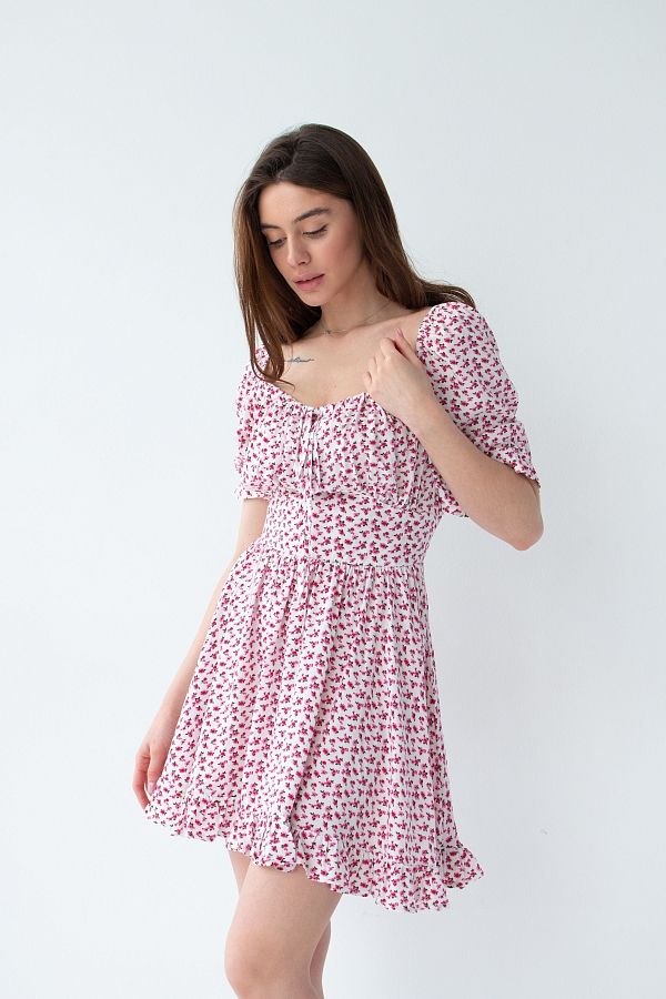 Сукня міні з поясом та рюшами молочне в малинові квіти D0723/4 № 4
