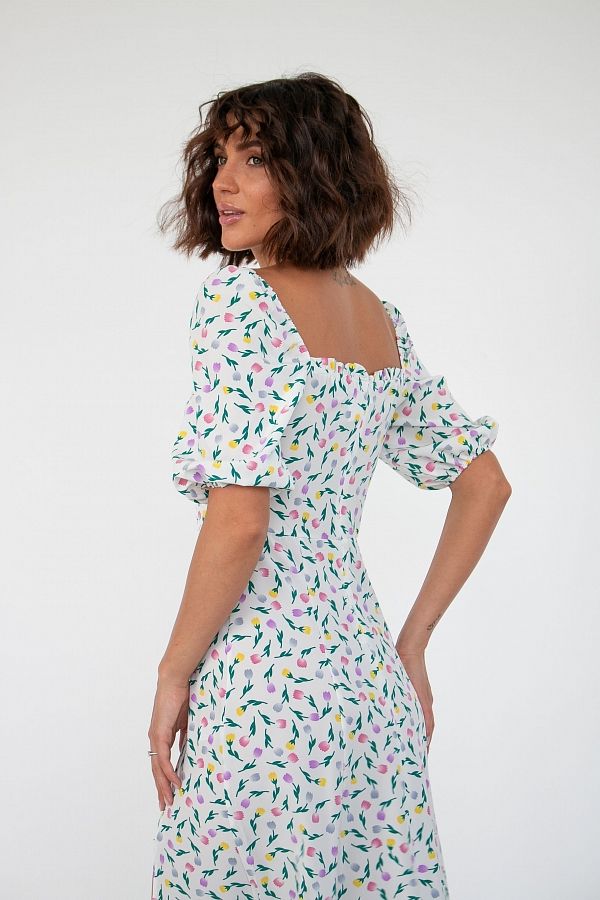 Сукня міді з роспіркою короткий рукав молочна в різнокольорові квіти D0521КР/7 № 4