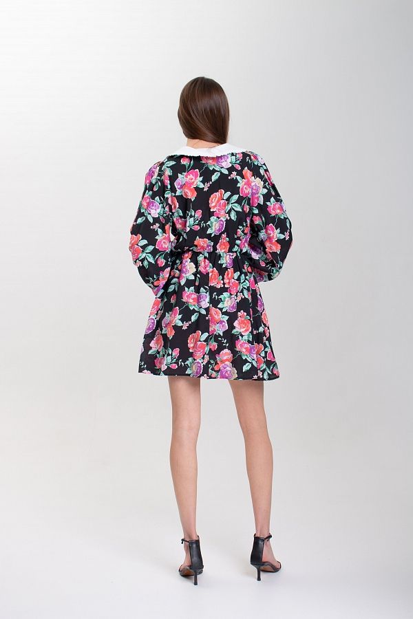 Сукня міні з білим коміром чорна в рожеві квіти D0423/1 № 4