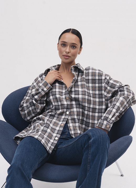 Сорочка в клітинку утеплена сіро-біла