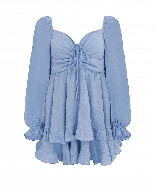 Сукня міні муслінова з рюшами блакитна