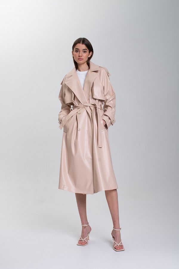 Тренч з екошкіри на тканинній основі бежевий МБ001 #RU# Тренч из экокожи на тканевой основе бежевый МБ001 № 2