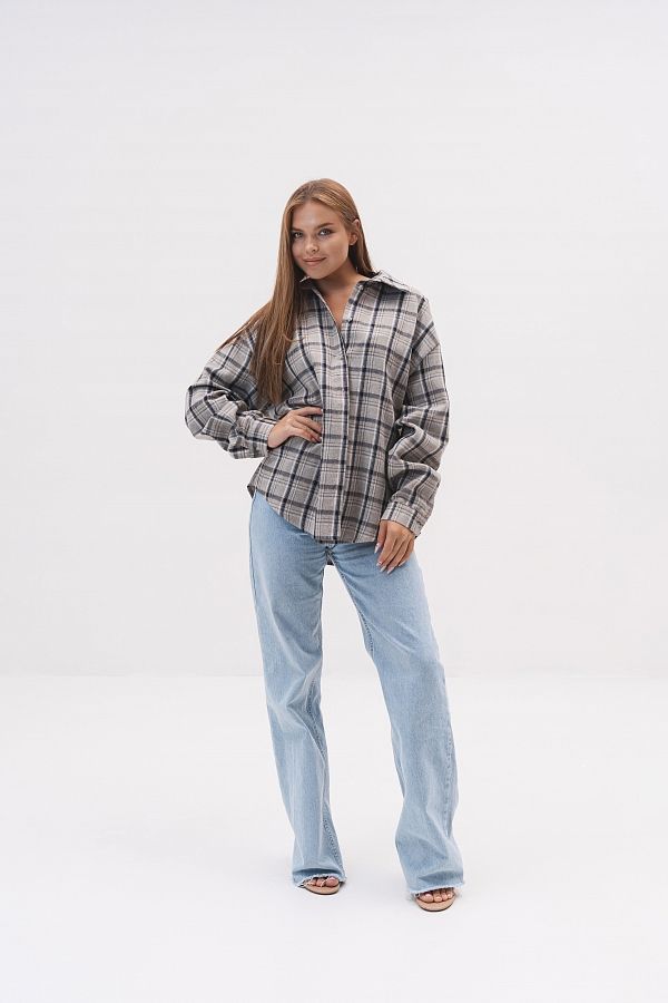Сорочка oversize в клітинку сіро-блакитна P1409/4 #RU# Рубашка oversize в клеточку серо-голубая P1409/4 № 1