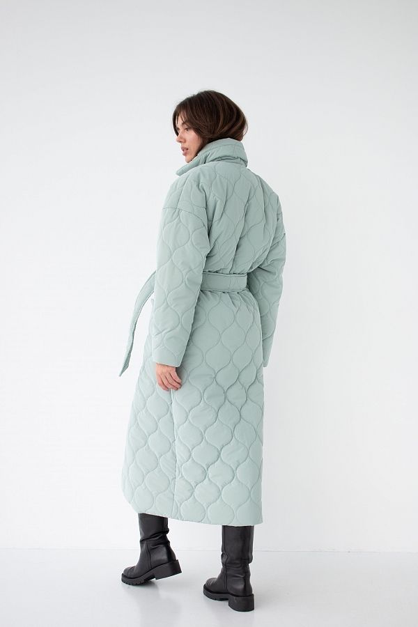 Куртка стьобана довга з поясом візерунок хвилька м'ятна МБПЩ001/10 #RU# Куртка стеганая длинная с поясом узор волна мятная МБПЩ001/10 № 2