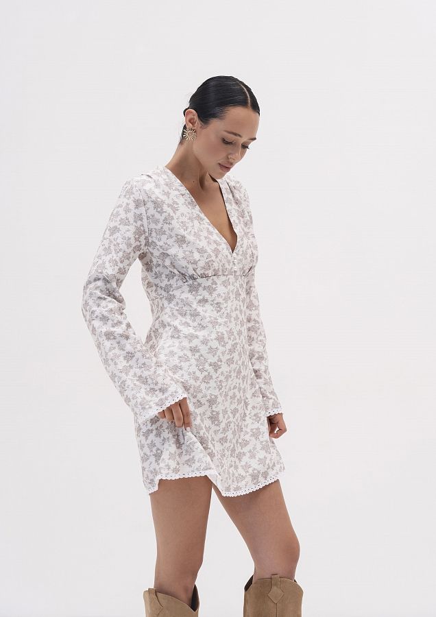 Сукня міні гудзики/мереживо довгий рукав молочна в рожеві троядни DRDOV/10 № 2