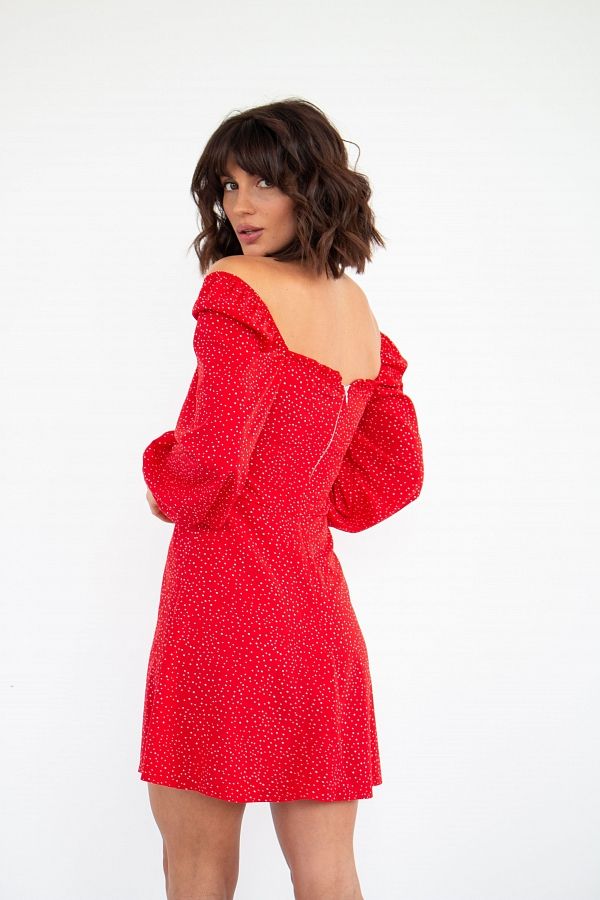 Сукня міні з роспіркою червона в білий горох D0321/21 № 4