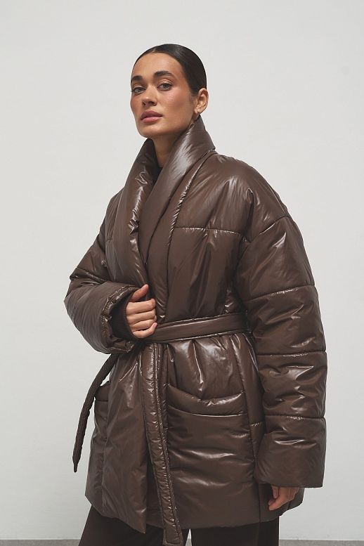 Пуховик подовжений під пояс коричневий - №2