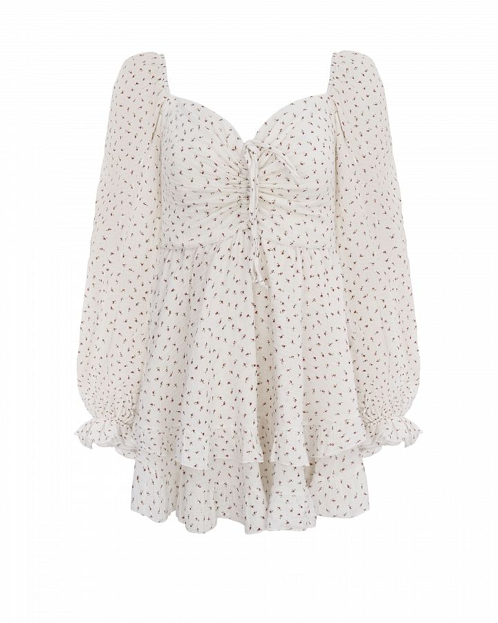 Сукня міні муслінова з рюшами молочна в мікро рожеві  троянди  № 2