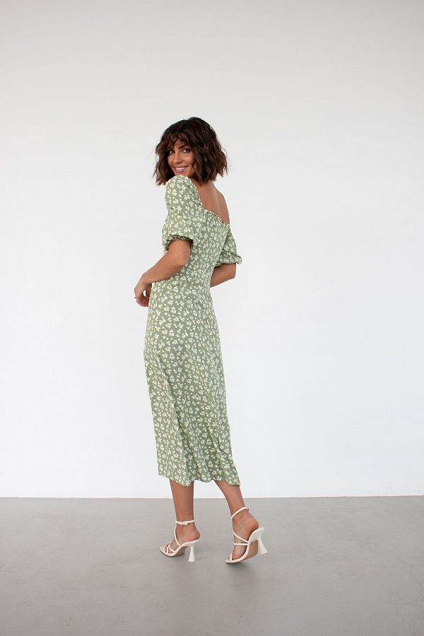 Сукня міді з роспіркою короткий рукав оливкова в жовті квіти D0521КР/1 № 3