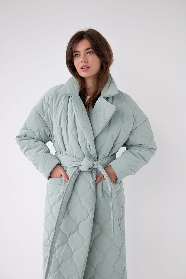 Куртка стьобана довга з поясом візерунок хвилька м'ятна МБПЩ001/10 #RU# Куртка стеганая длинная с поясом узор волна мятная МБПЩ001/10 № 3