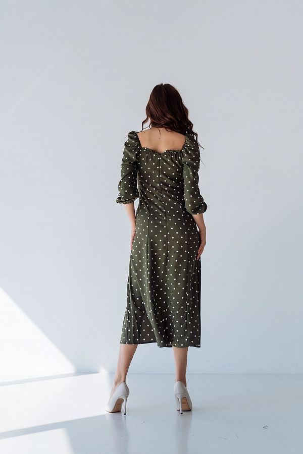 Сукня міді з роспіркою довгий рукав хакі в горох D0521ДР/12 № 2