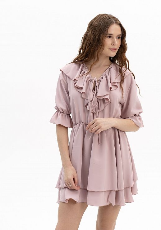 Сукня міні з воланами короткий рукав пудра