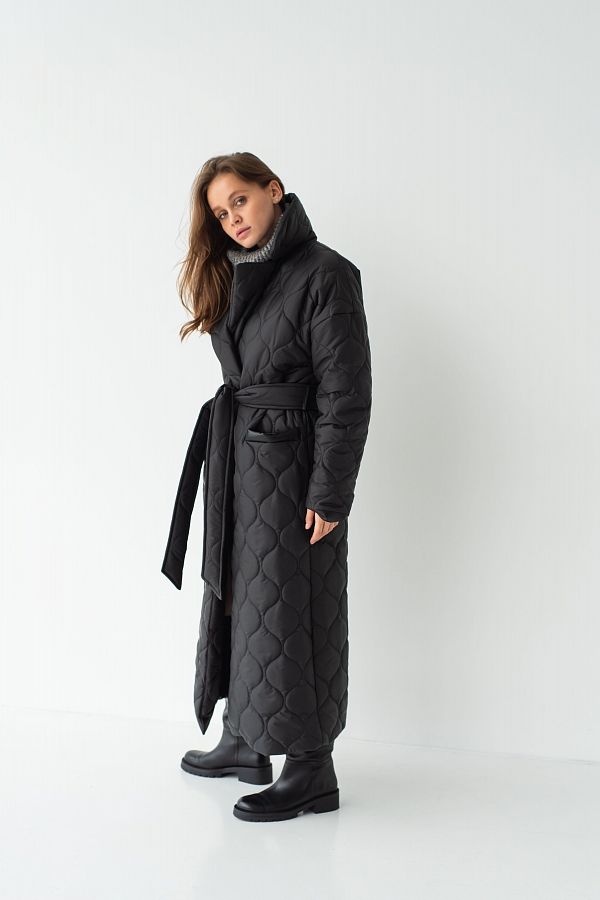 Куртка стьобана довга з поясом візерунок хвилька чорна МБПЩ001/11 #RU# Куртка стеганая длинная с поясом узор волна черная МБПЩ001/11 № 1