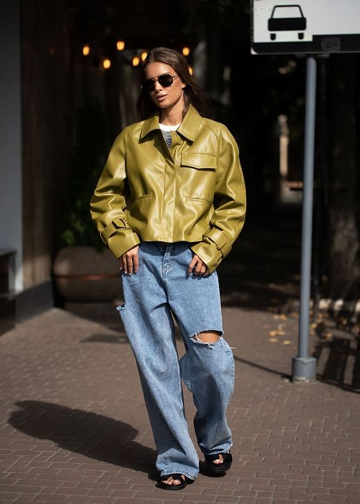 Тренч короткий екошкіра на замші оливковий - №2