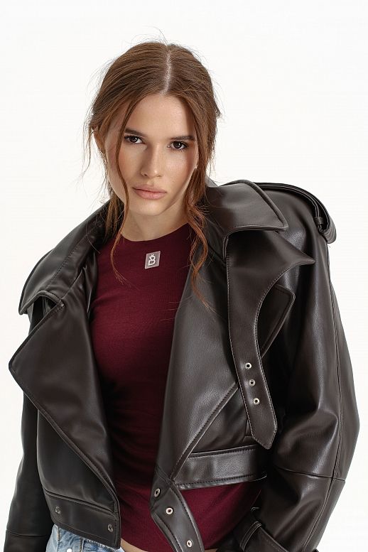 Тренч вкорочений з екошкіри шоколадний