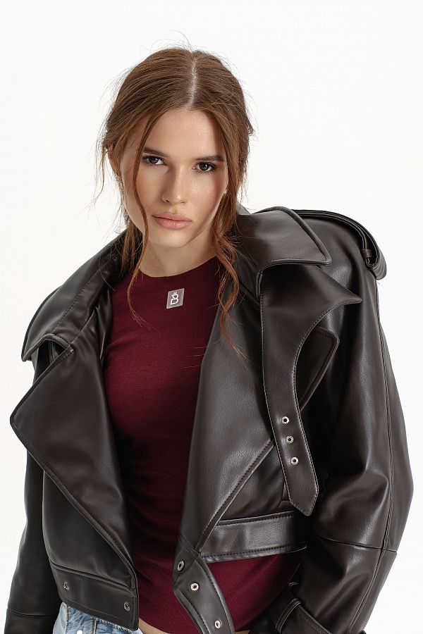 Тренч вкорочений з екошкіри шоколадний KTRP/01 № 1