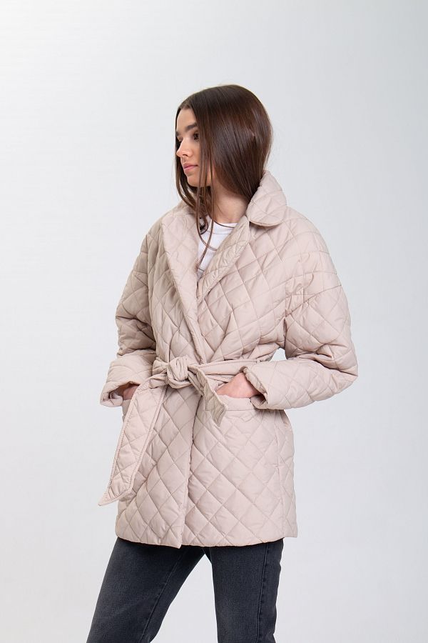 Куртка стьобана на кнопці з поясом бежева МБКТ001/2 #RU# Куртка стеганная на кнопке с поясом бежевая МБКТ001/2 № 1