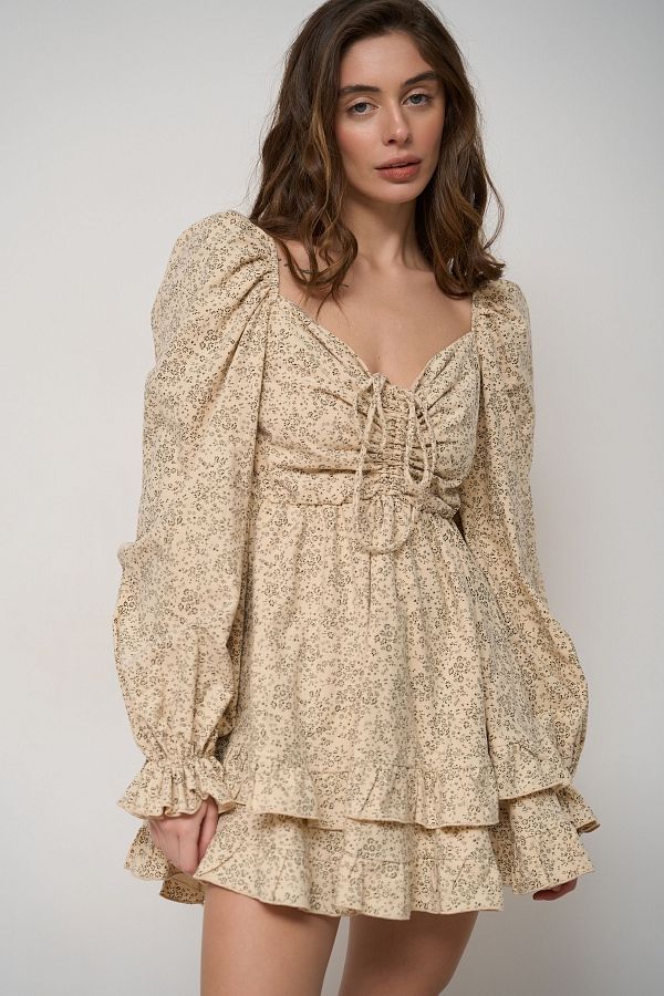 Сукня з подвійною спідницею бежева в чорний візерунок D0923/1/19 № 1