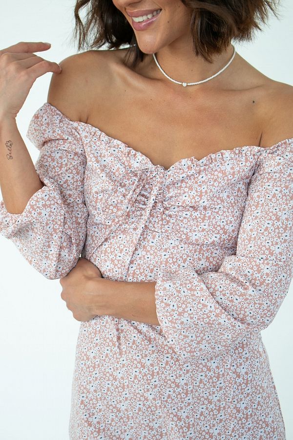 Сукня міді з роспіркою довгий рукав бежева D0521ДР/6 № 3