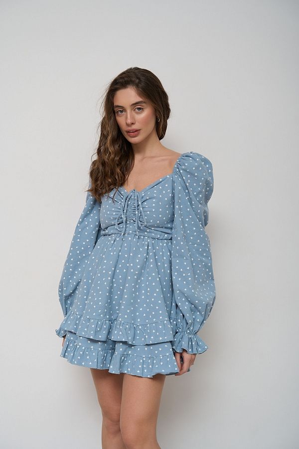 Сукня з подвійною спідницею блакитна в білі серця  № 2