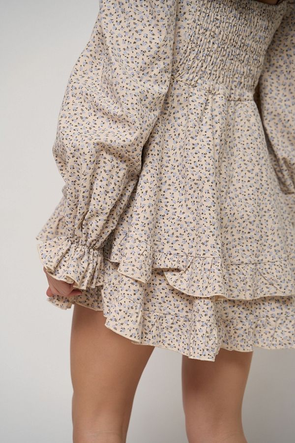 Сукня з подвійною спідницею бежева в блакитний візерунок  № 2