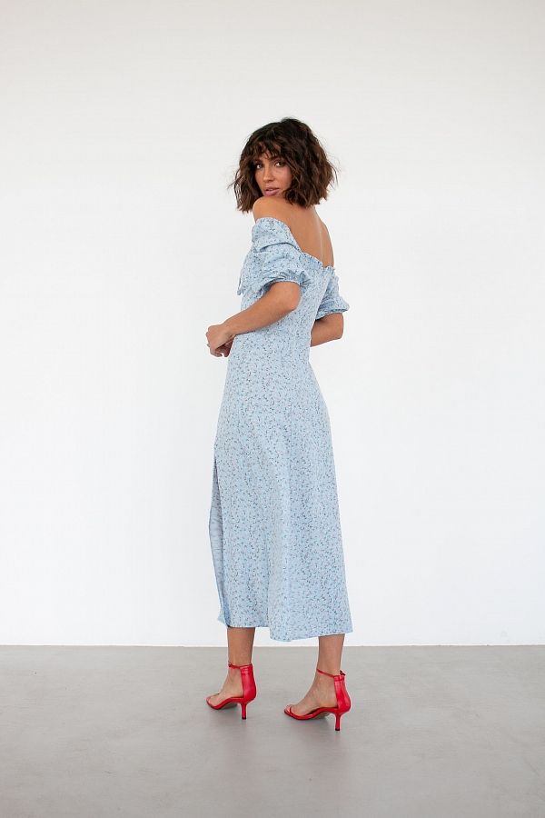 Сукня міді з роспіркою короткий рукав блакитна в білі квіти D0521КР/3 № 4