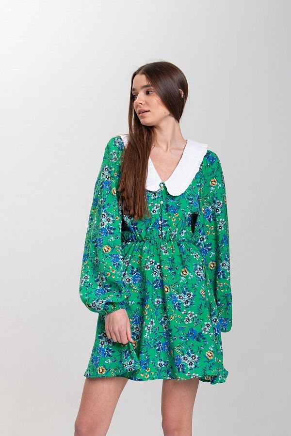 Сукня міні з білим коміром зелена D0423/3 № 1