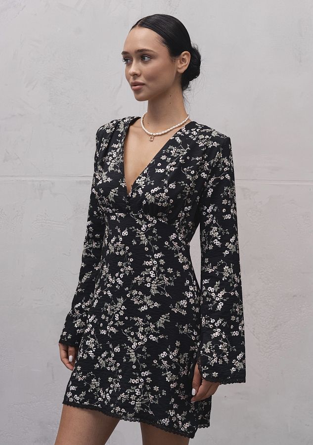 Сукня міні гудзики/мереживо довгий рукав чорна в квіти DRDOV/8 № 3