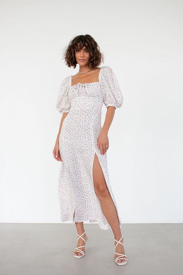 Сукня міді з двома роспірками молочна в рожеві мілкі квіти ПЛ0031/6 № 2