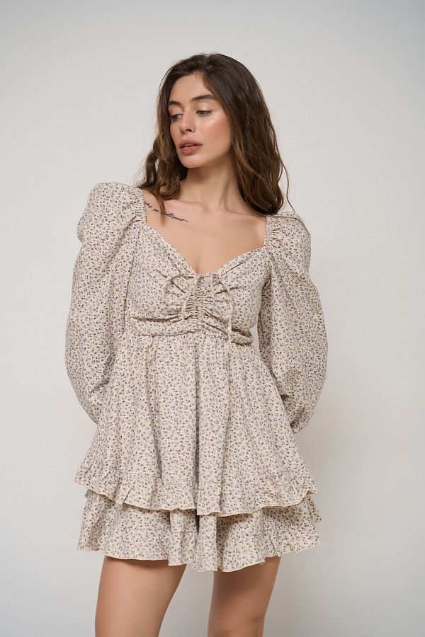 Сукня з подвійною спідницею бежева в блакитний візерунок  № 1