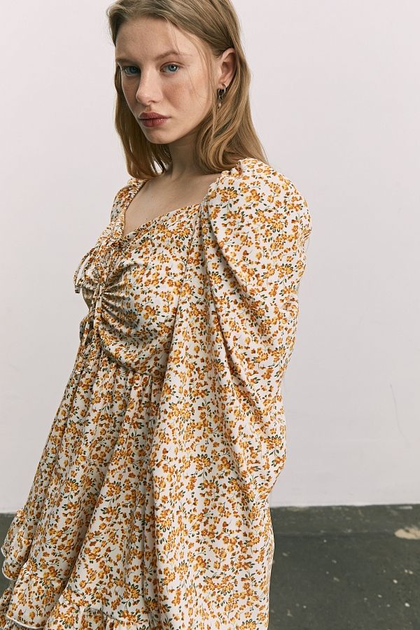 Сукня з софту подвійна спідниця молочна в жовті квіти 0923 № 2