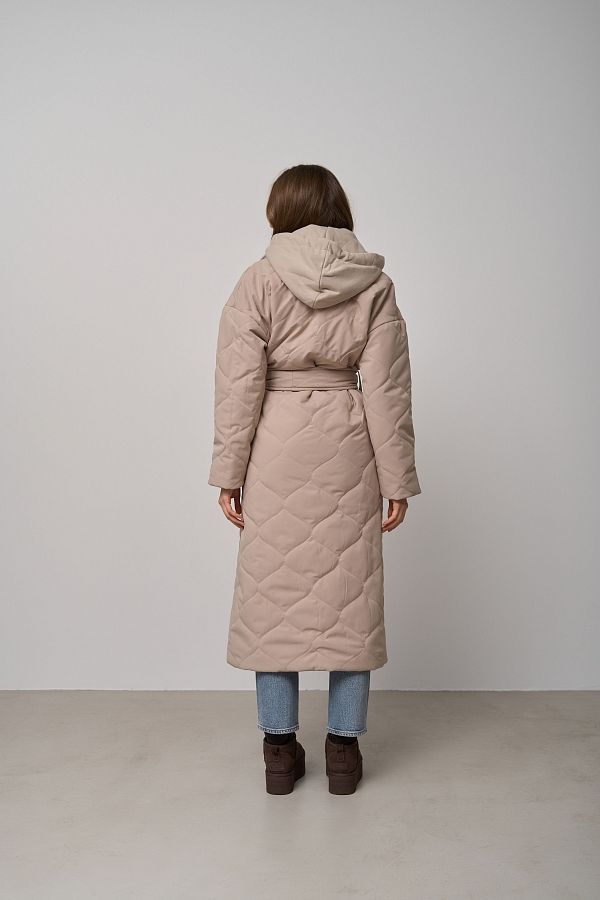 Куртка довга з поясом та знімним капюшоном світло-бежева K0722/21 #RU# Куртка длинная с поясом и съемным капюшоном бежевая K0722/21 № 2