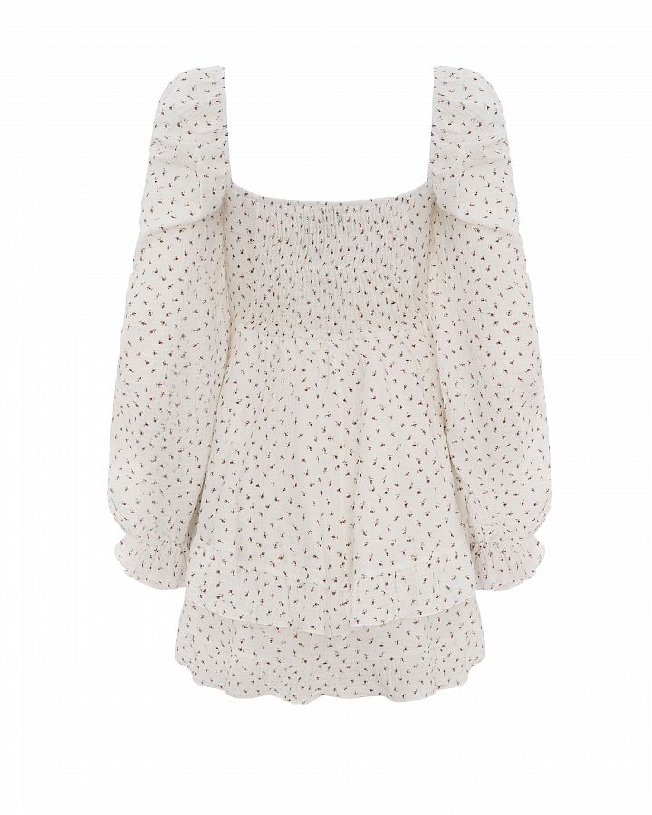 Сукня міні муслінова з рюшами молочна в мікро рожеві  троянди  № 4