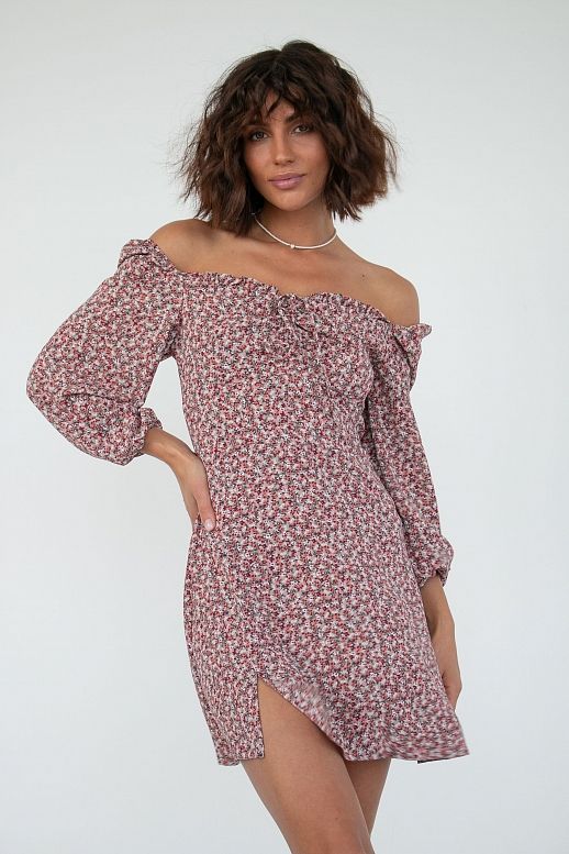 Сукня міні з роспіркою бордова в квіти - №2