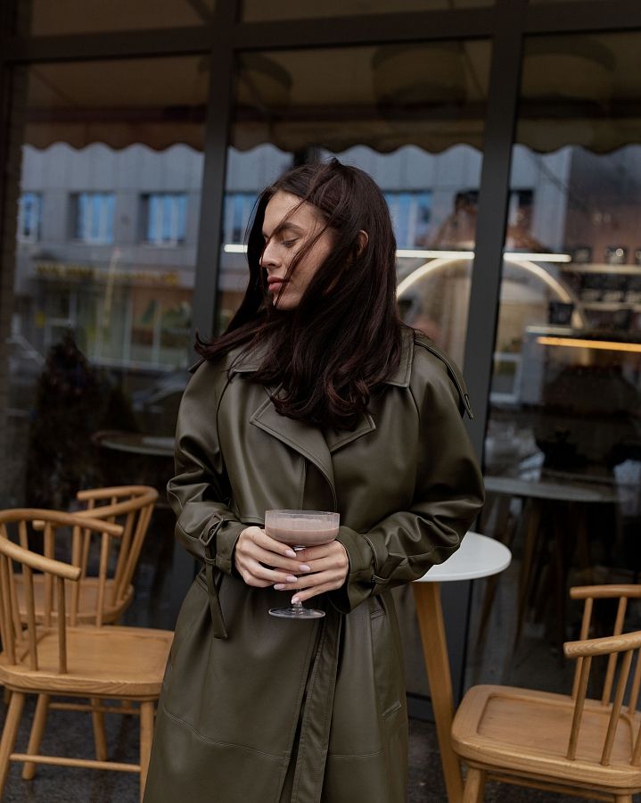 Тренч з екошкіри на замші хакі D0321/14 #RU# Тренч из экокожи на замше хаки D0321/14 № 1