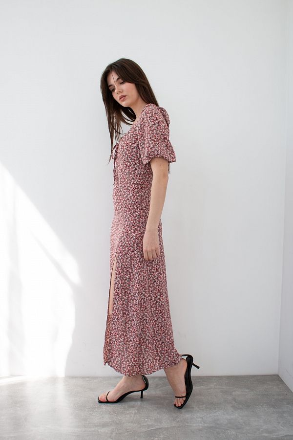 Сукня міді з роспіркою короткий рукав бордова D1021 № 2