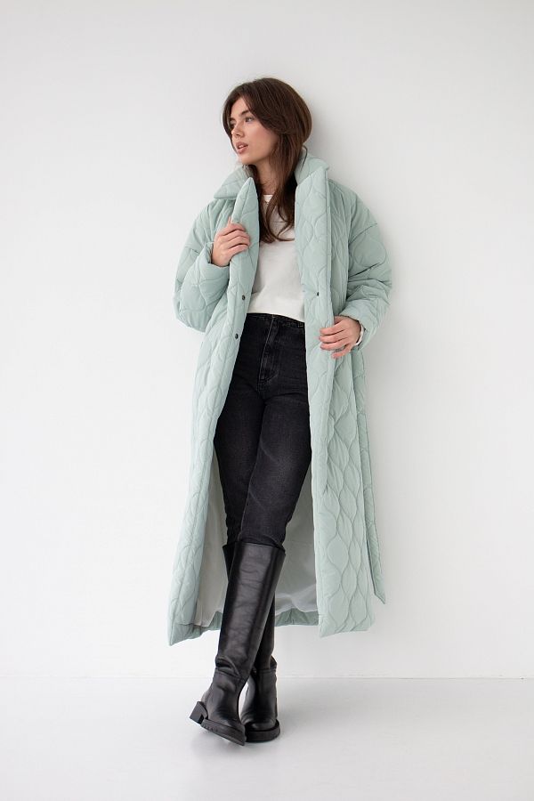 Куртка стьобана довга з поясом візерунок хвилька м'ятна МБПЩ001/10 #RU# Куртка стеганая длинная с поясом узор волна мятная МБПЩ001/10 № 4
