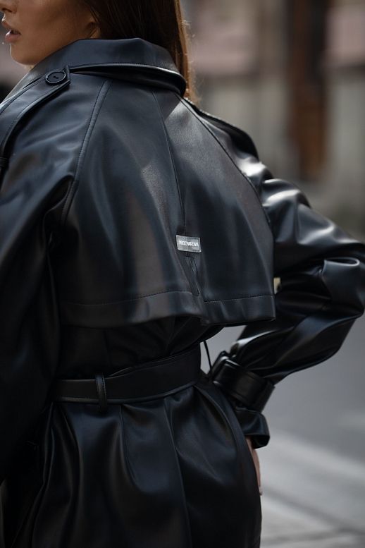 Тренч з екошкіри на замші вкорочений з поясом чорний - №2
