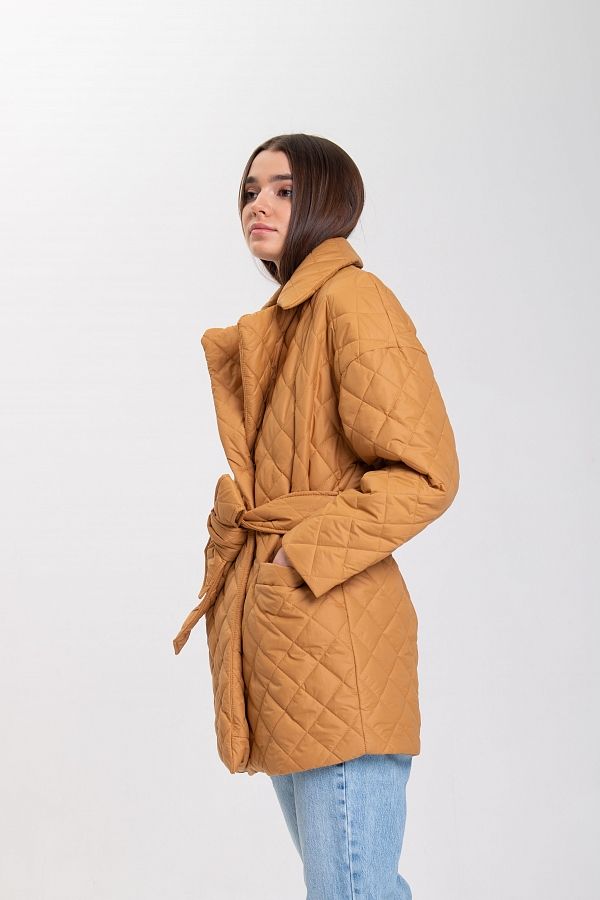 Куртка стьобана на кнопці з поясом гірчичний МБКТ001/6 #RU# Куртка стеганная на кнопке с поясом горчичная МБКТ001/6 № 3