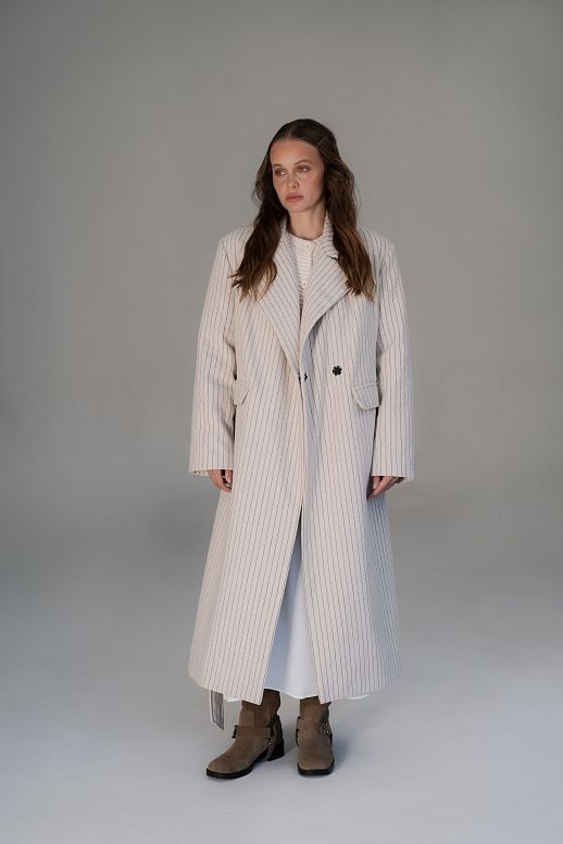 Пальто утеплене в смужку світло-бежеве - №2