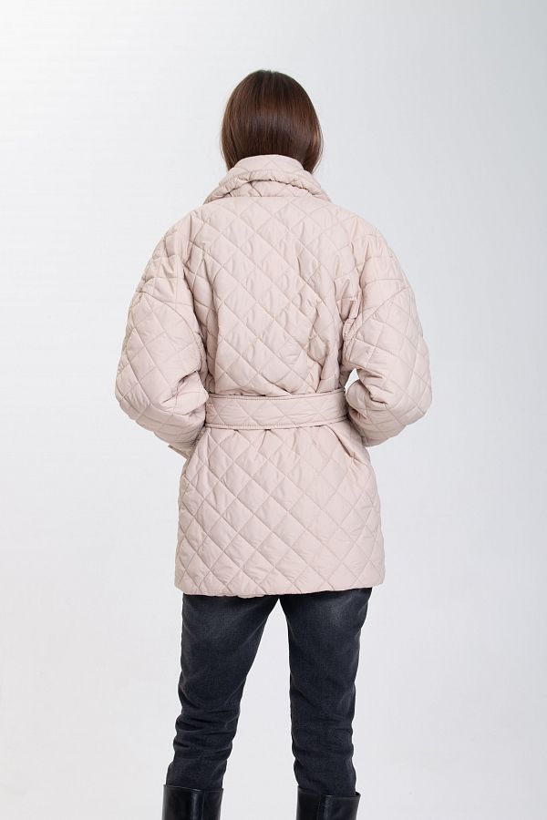 Куртка стьобана на кнопці з поясом бежева МБКТ001/2 #RU# Куртка стеганная на кнопке с поясом бежевая МБКТ001/2 № 4