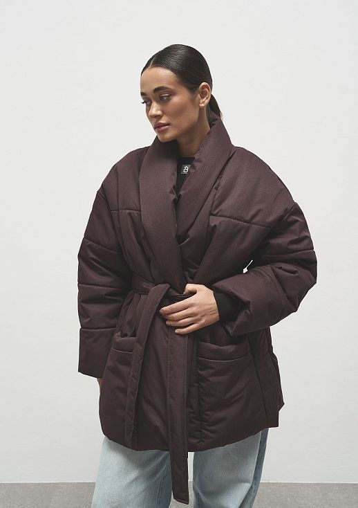 Пуховик подовжений під пояс преміум бордовий - №2