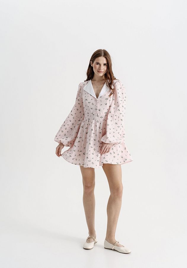 Сукня з білим комірцем пудрова в зелені букети МБПЛ 14.08 № 2