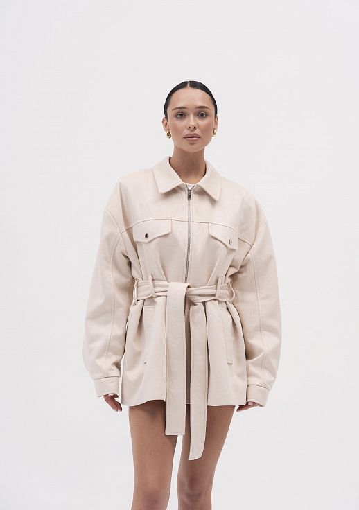 Куртка замшева з поясом (на замку) молочна - №2