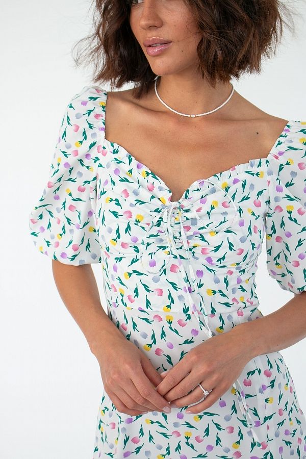 Сукня міді з роспіркою короткий рукав молочна в різнокольорові квіти D0521КР/7 № 2