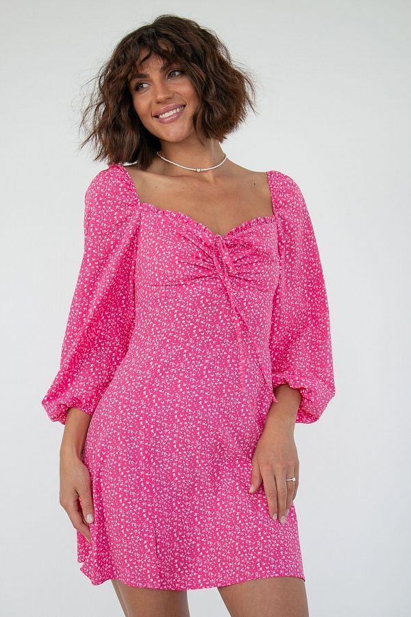 Сукня міні з роспіркою рожева мілкий білий візерунок D0321/12 № 3